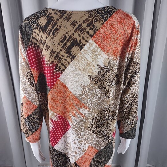 Chico's Women's Bohemian Patchwork, Asymmetrical Hem Pullover Blouse Size 2 (L) - Picture 4 of 15